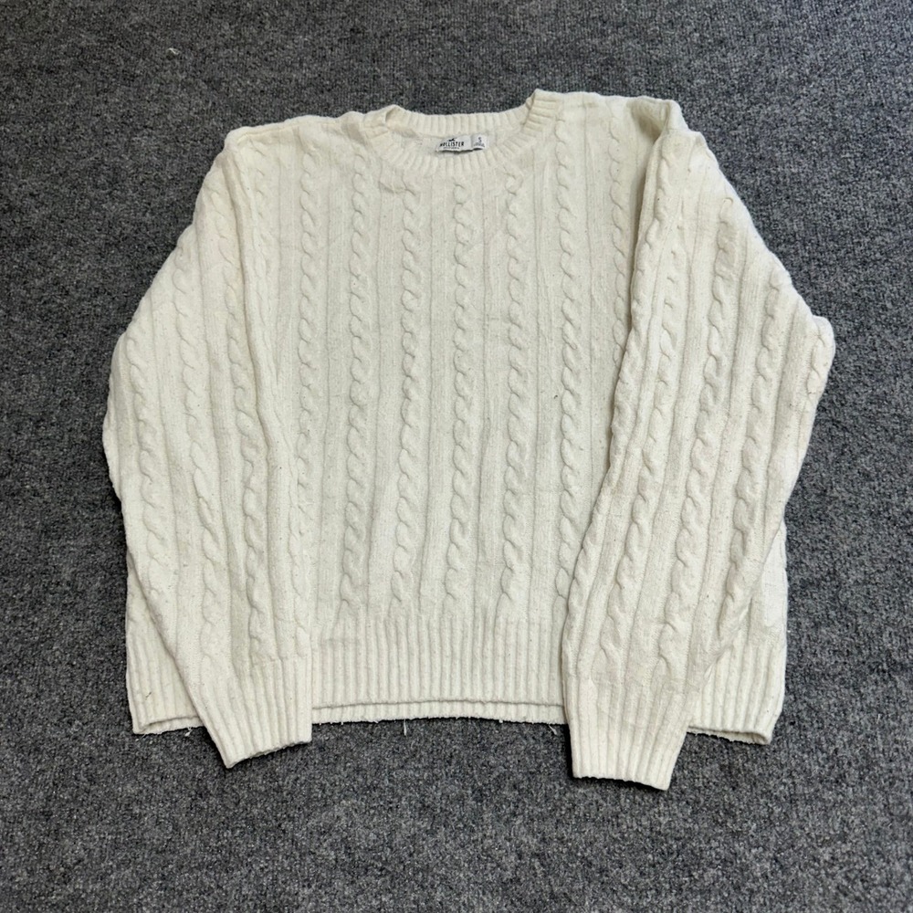 Hollister Sweater Womens Size S White Cable Knit Crew Neck Long Sleeve Casual